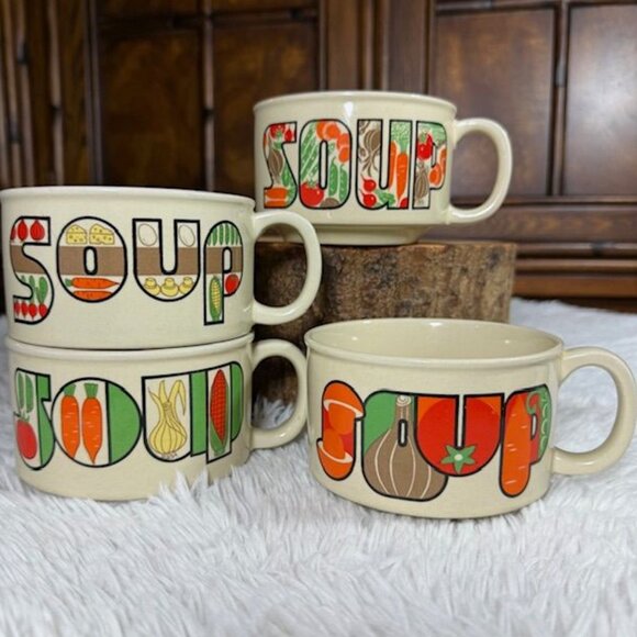 Vintage Set of 4 Vegetable Soup Bowl Stoneware Mugs - Picture 1 of 14